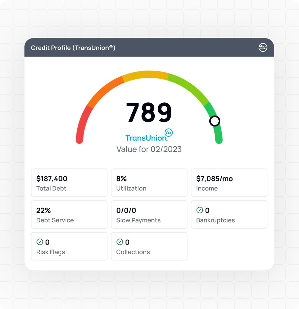 TransUnion credit profile with a 789 score gauge, total debt, utilization, income, debt service, and zero bankruptcies, risk flags, or collections